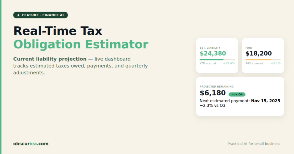 Real-time tax obligation estimation dashboard showing current liability projection