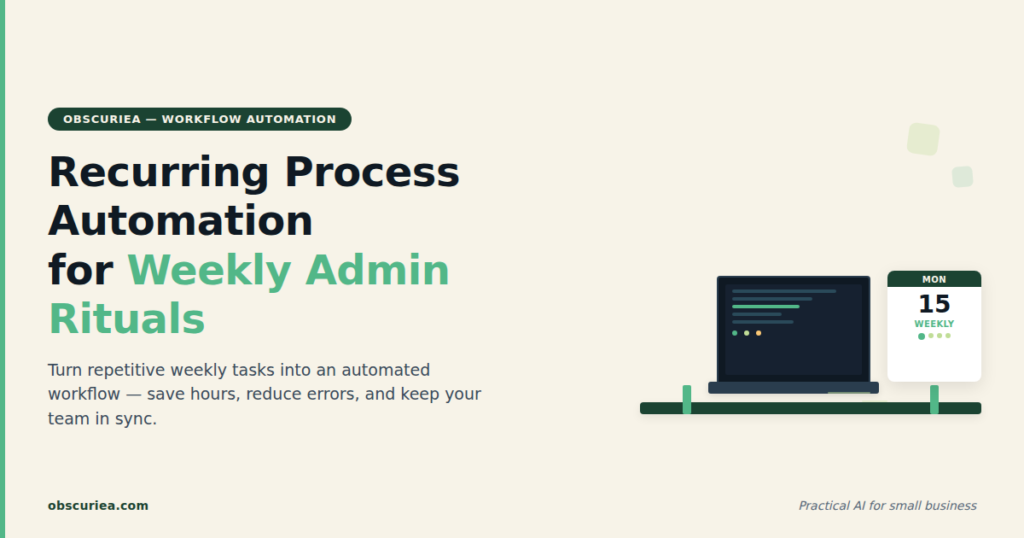 Recurring Process Automation for Weekly Admin Rituals – automated workflow desk with calendar and laptop