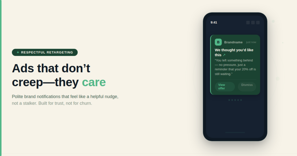 Respectful retargeting showing a smartphone with a polite brand notification
