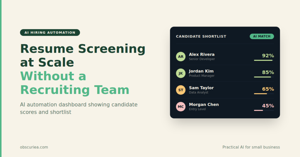 Resume Screening at Scale Without a Recruiting Team – AI automation dashboard showing candidate scores and shortlist