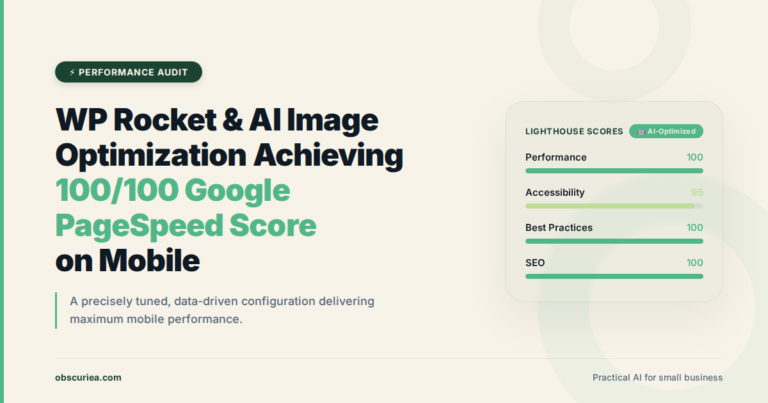 WP Rocket and AI image optimization configuration achieving 100/100 Google PageSpeed score on mobile