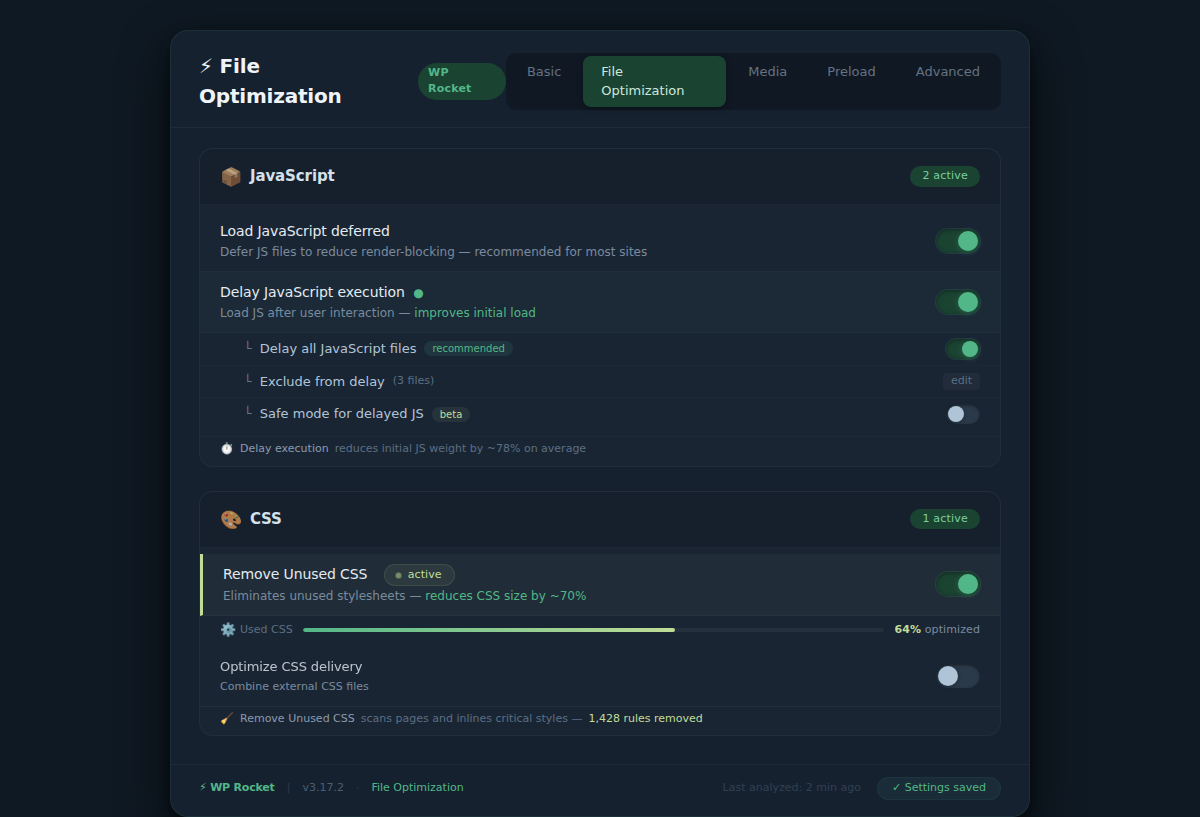 WP Rocket File Optimization settings panel showing Delay JavaScript Execution and Remove Unused CSS enabled
