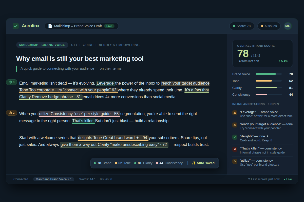 Screenshot of Acrolinx inline scoring interface showing brand voice analysis