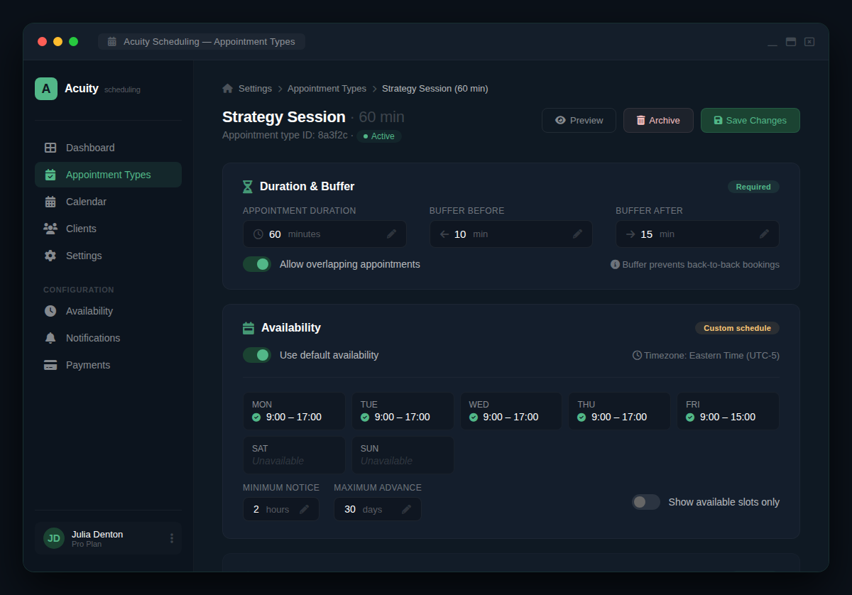 Screenshot of Acuity Scheduling interface showing appointment type settings with duration, buffer, and availability options