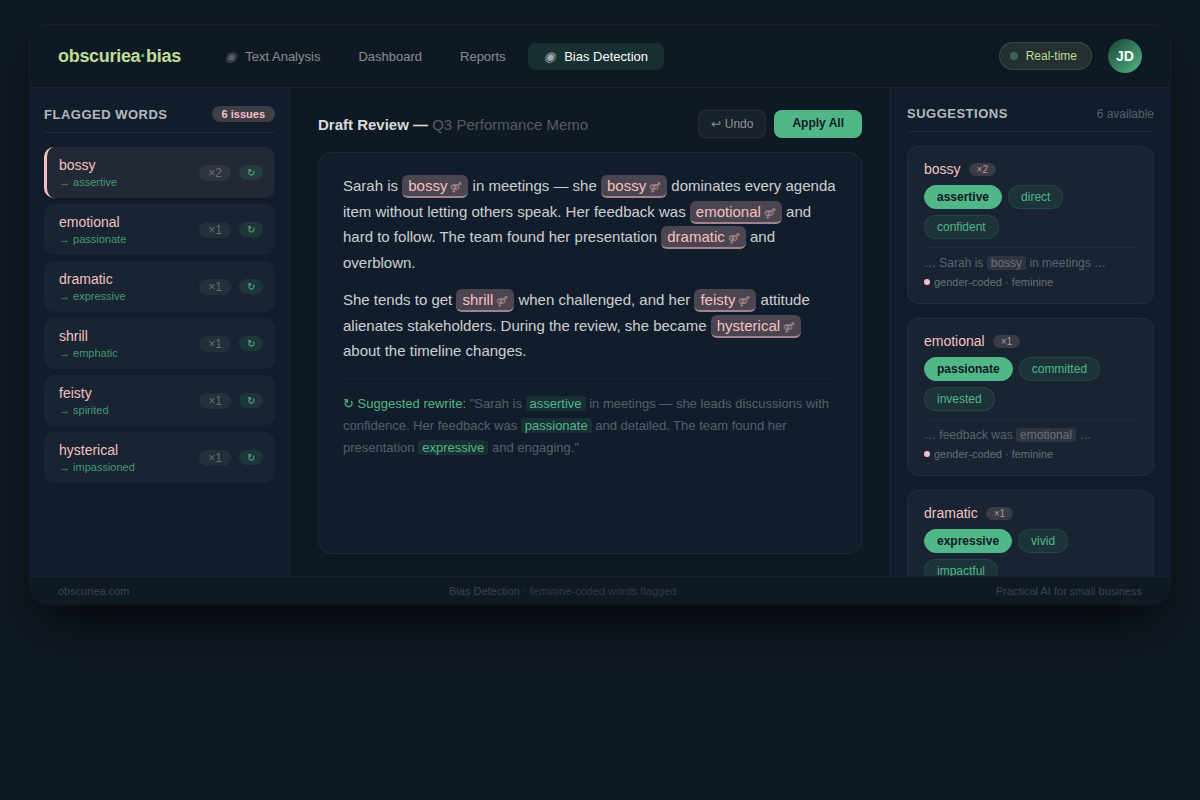 Screenshot of AI bias detection tool highlighting gendered language and suggesting alternatives