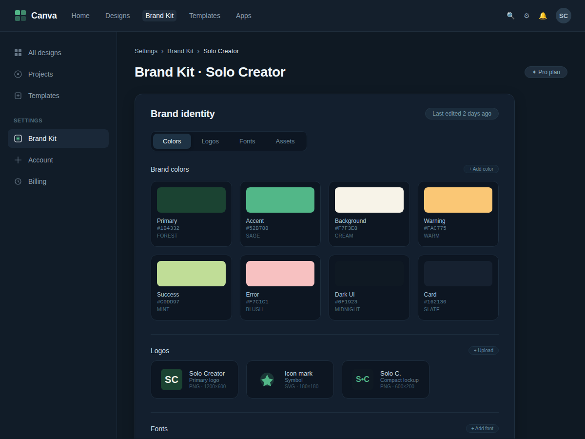 Screenshot of Canva Brand Kit settings showing brand colors, logos, and fonts for a solo creator