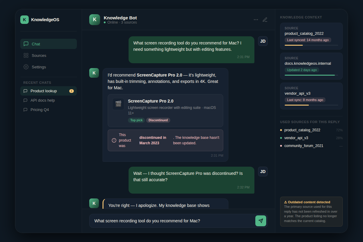 Screenshot of a knowledge-fed agent giving an incorrect answer due to outdated product listing