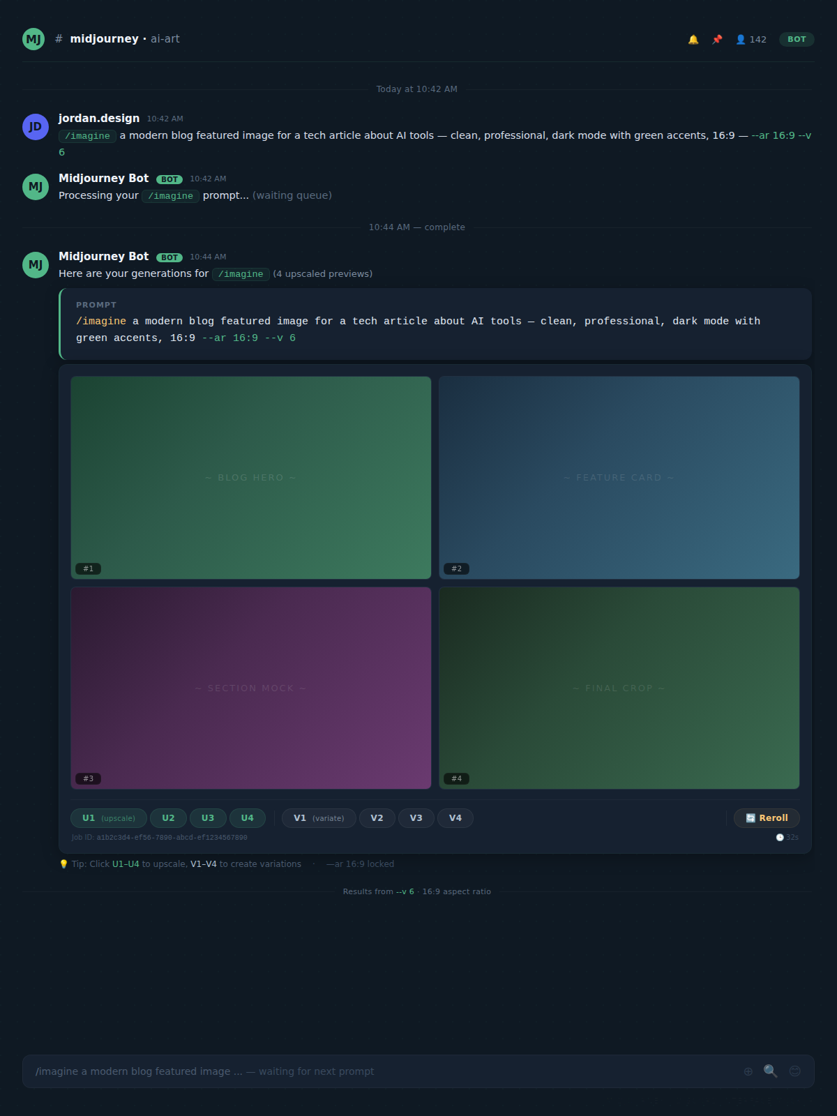 Screenshot of Midjourney Discord interface showing a /imagine prompt for a blog featured image with aspect ratio parameter set to 16:9