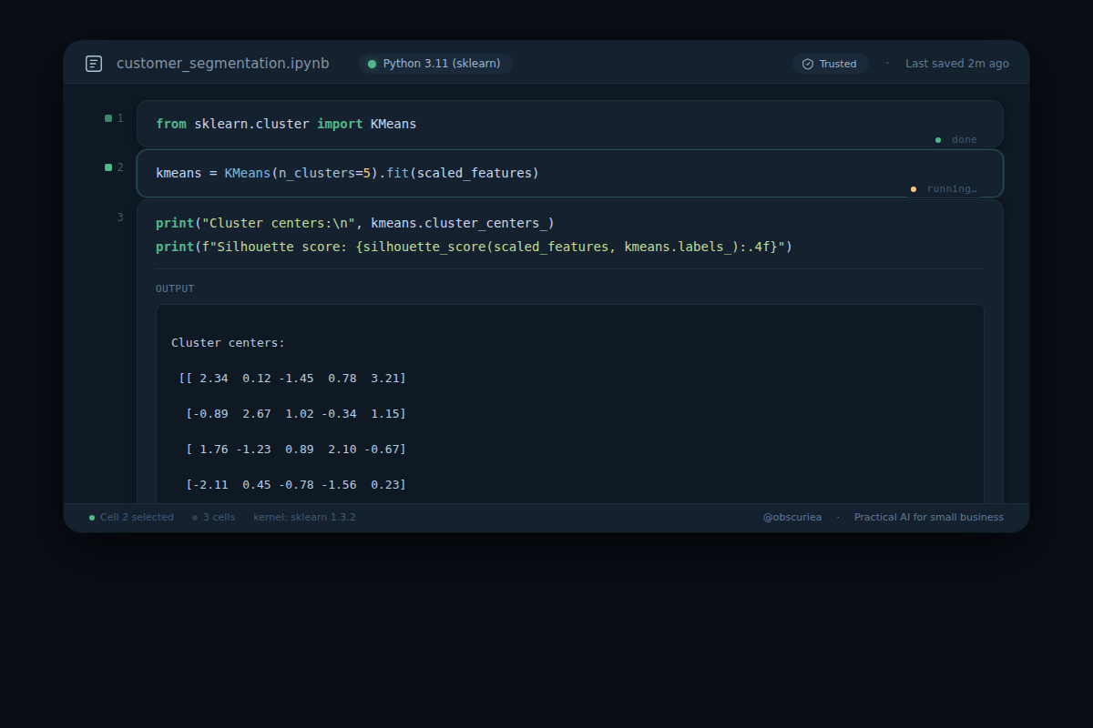 Screenshot of Python K-means clustering code in Jupyter notebook for customer segmentation