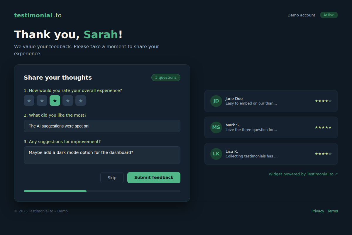 Screenshot of Testimonial.to widget embedded on a thank-you page, showing the three-question form