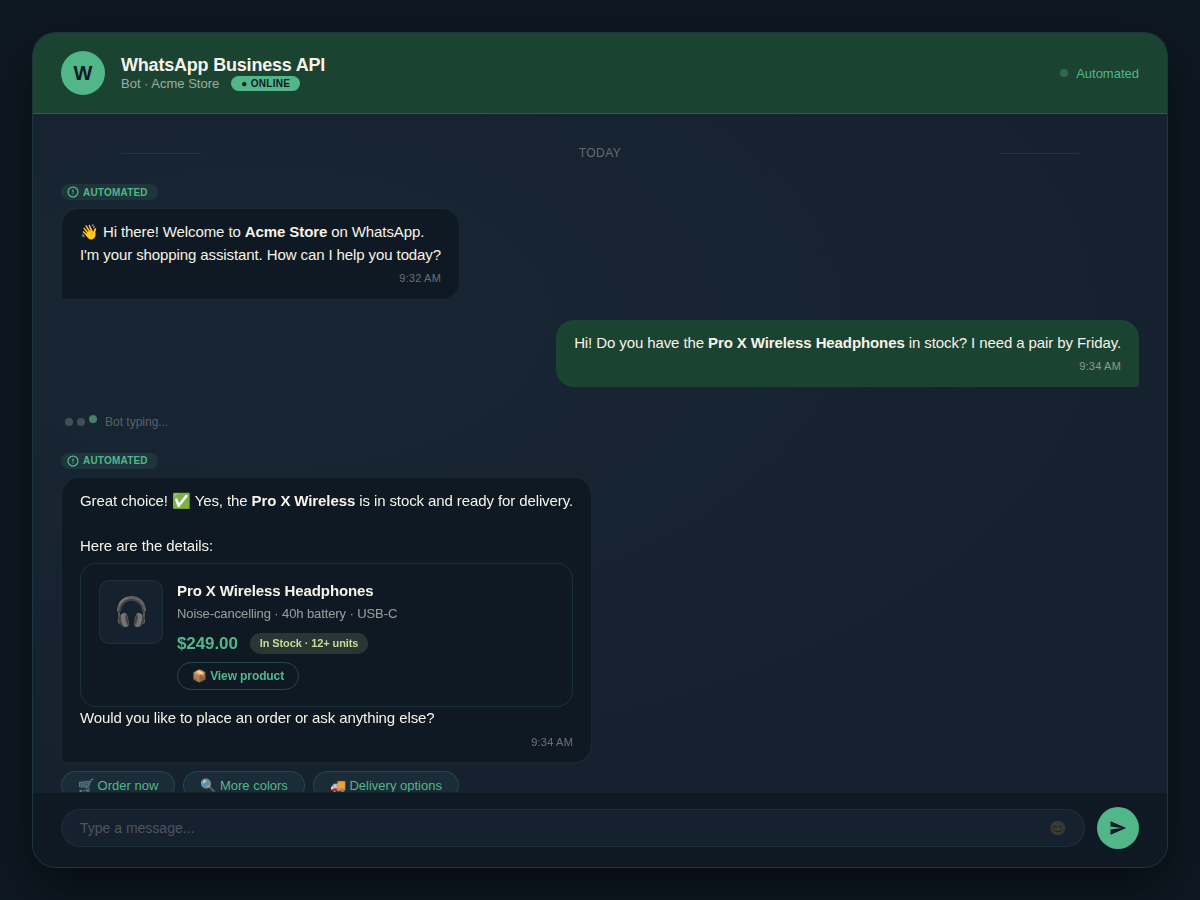Screenshot of WhatsApp Business chatbot responding to a customer inquiry about product availability with automated reply