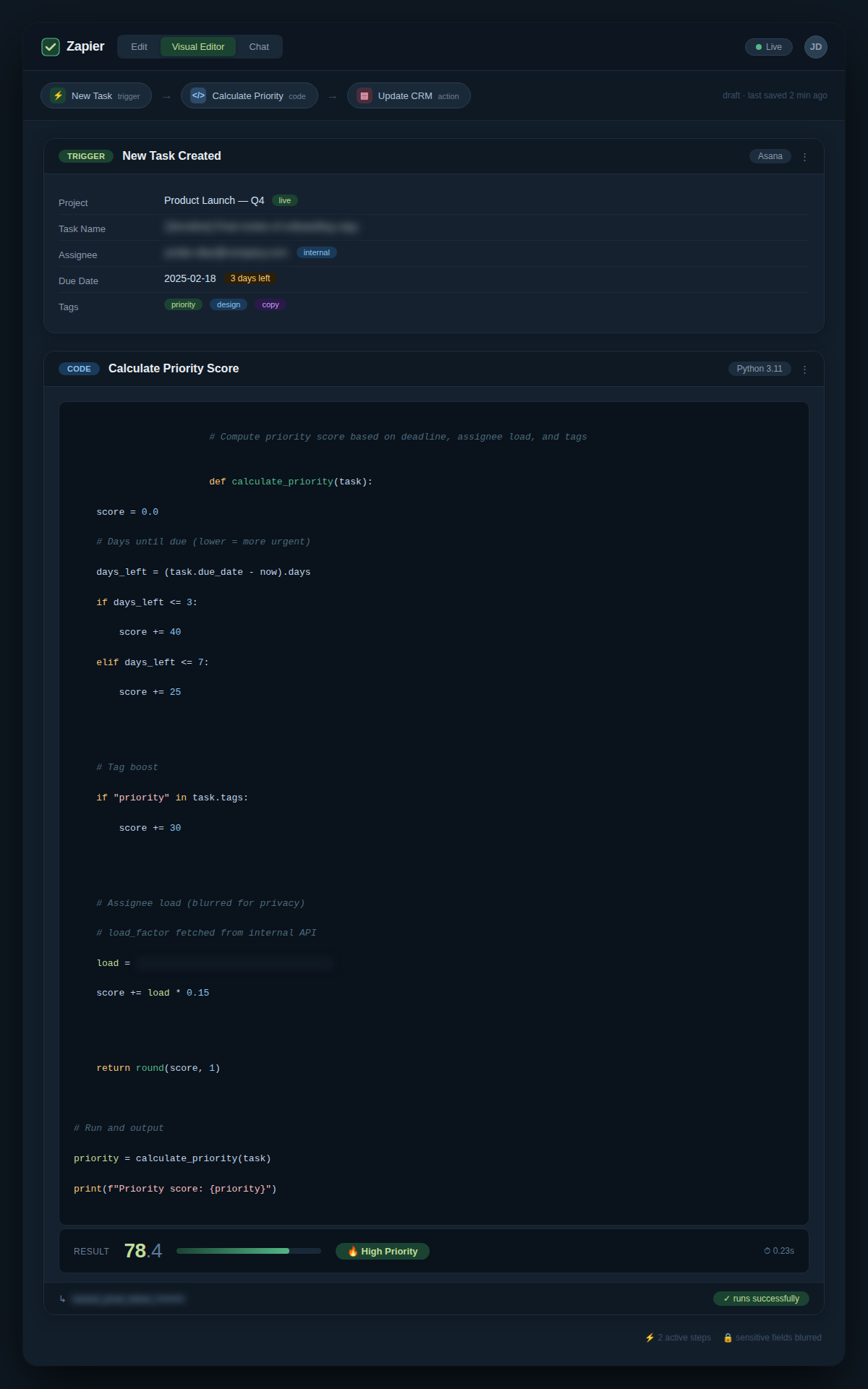 Screenshot of a Zapier interface showing a new task trigger with formula steps for scoring