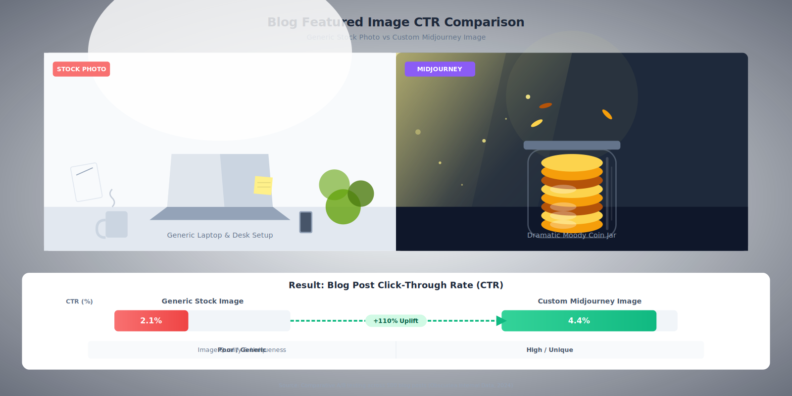Side-by-side comparison of a generic stock photo featured image versus a custom Midjourney-generated featured image for a personal finance blog post