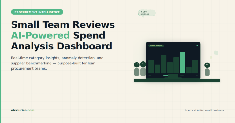 Small procurement team reviewing AI-generated spend analysis dashboard on a monitor