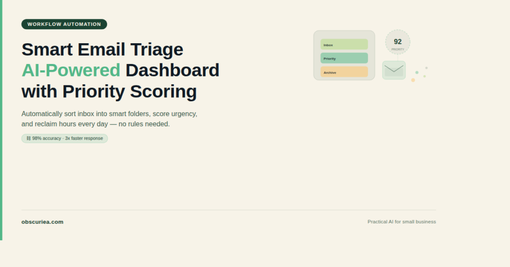 Smart email triage automation dashboard with AI sorted folders and priority scoring
