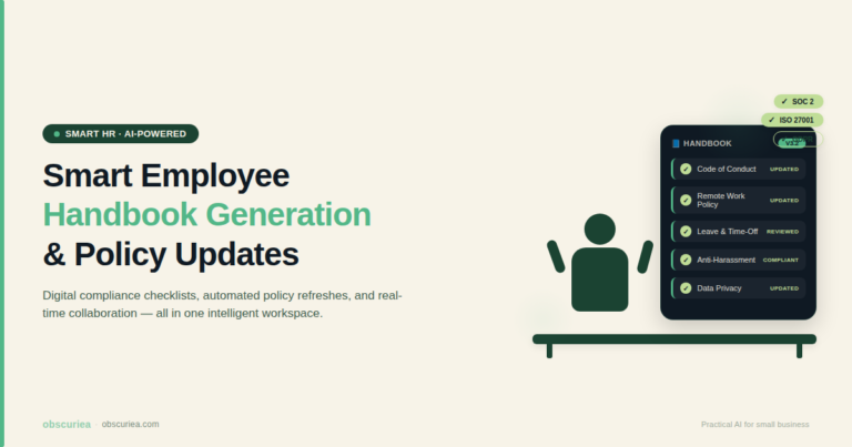 Smart Employee Handbook Generation and Policy Updates concept showing digital handbook with compliance checkmarks and person at desk