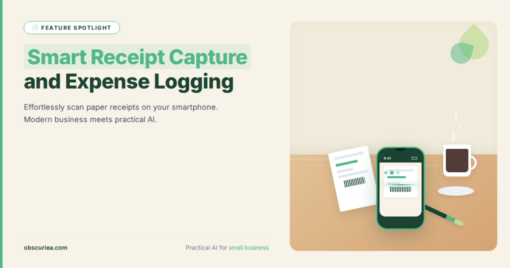 Smart Receipt Capture and Expense Logging app scanning a paper receipt on a smartphone next to a coffee cup on a clean wooden desk, modern business setting