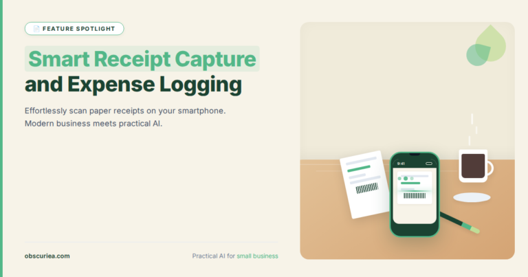 Smart Receipt Capture and Expense Logging app scanning a paper receipt on a smartphone next to a coffee cup on a clean wooden desk, modern business setting