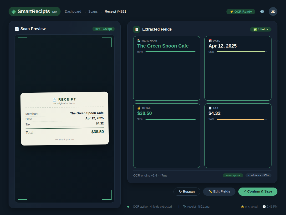 Smart Receipts app interface showing OCR extraction of receipt data: merchant name, date, total, tax