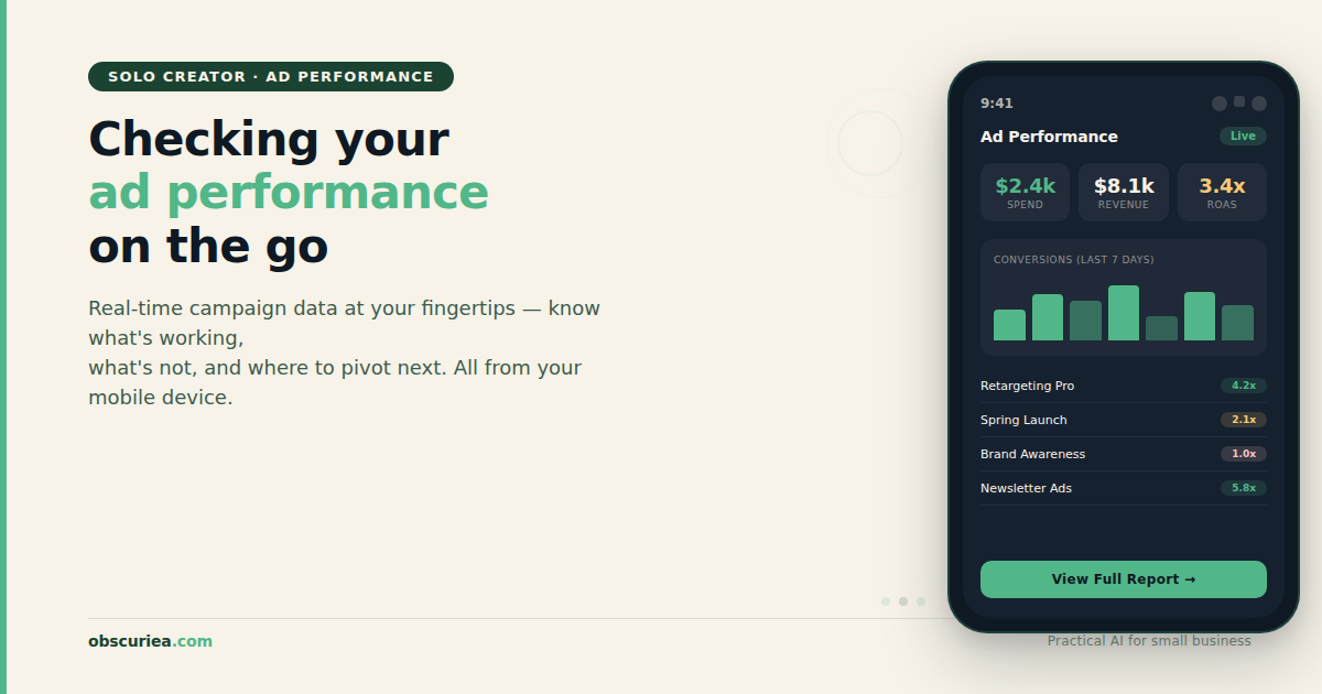 Solo creator checking ad performance results on mobile device