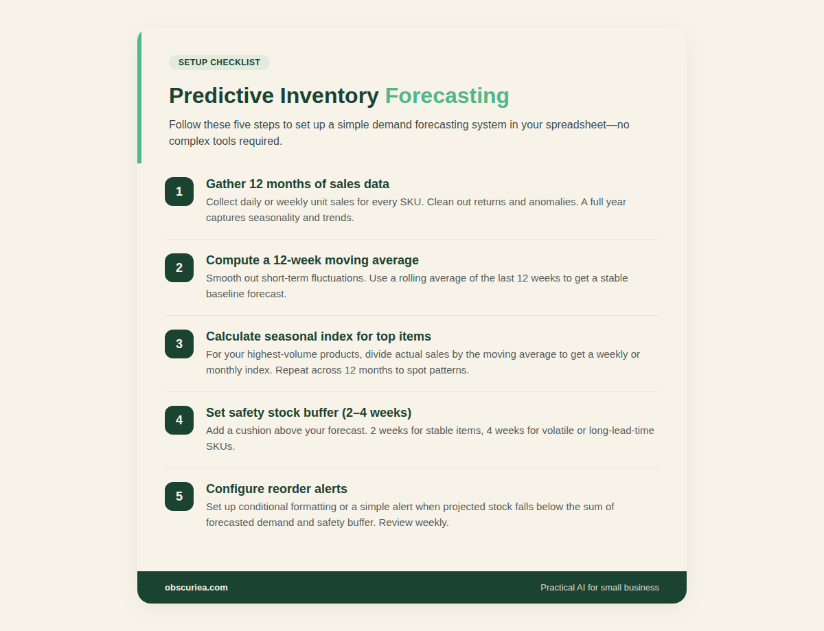 Step-by-step checklist for setting up predictive inventory forecasting in a spreadsheet