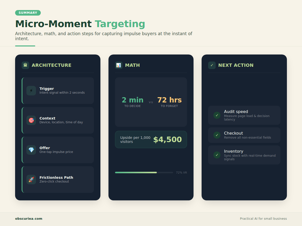 Summary of micro-moment targeting for impulse products: architecture, math, breaking points, and next steps