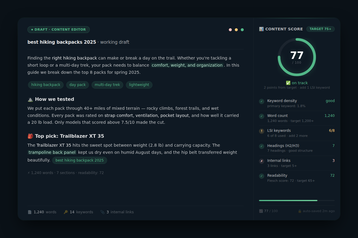 Surfer SEO content editor showing content score optimization panel used in AI affiliate marketing workflow