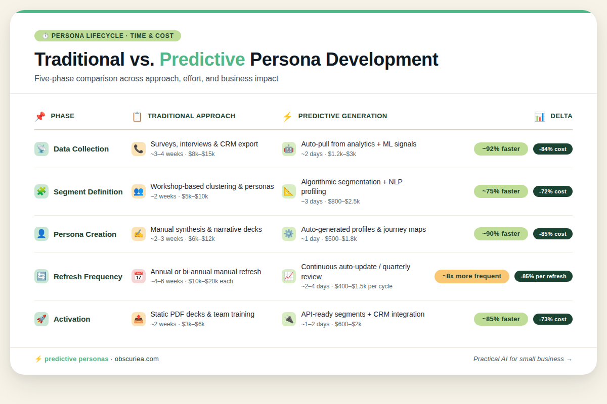 Table comparing traditional persona development vs predictive generation across phases