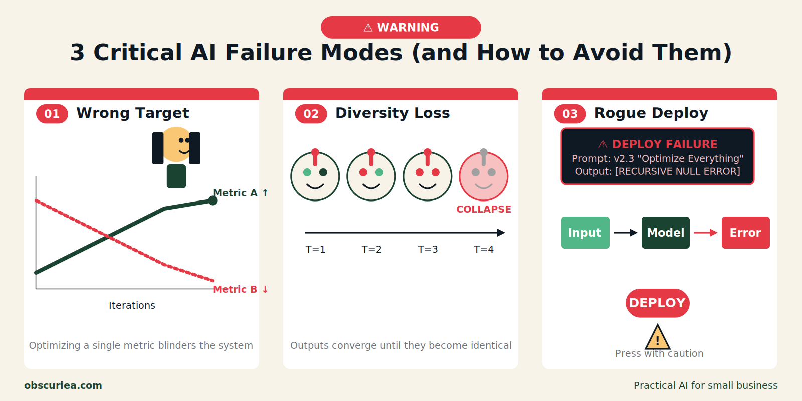 Three failure mode illustrations: wrong optimization target, loss of output diversity, and production breakage from automatic deployment