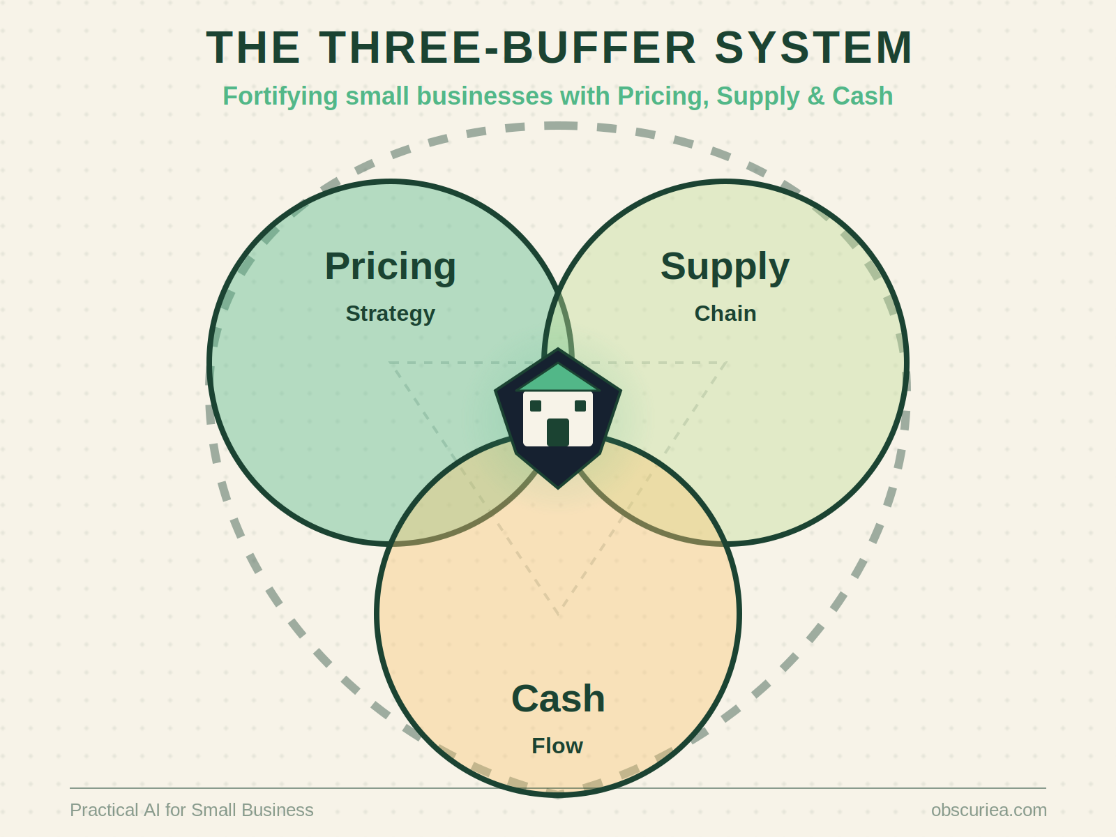 Three interconnected circles labeled Pricing, Supply, Cash forming a shield around a small business icon