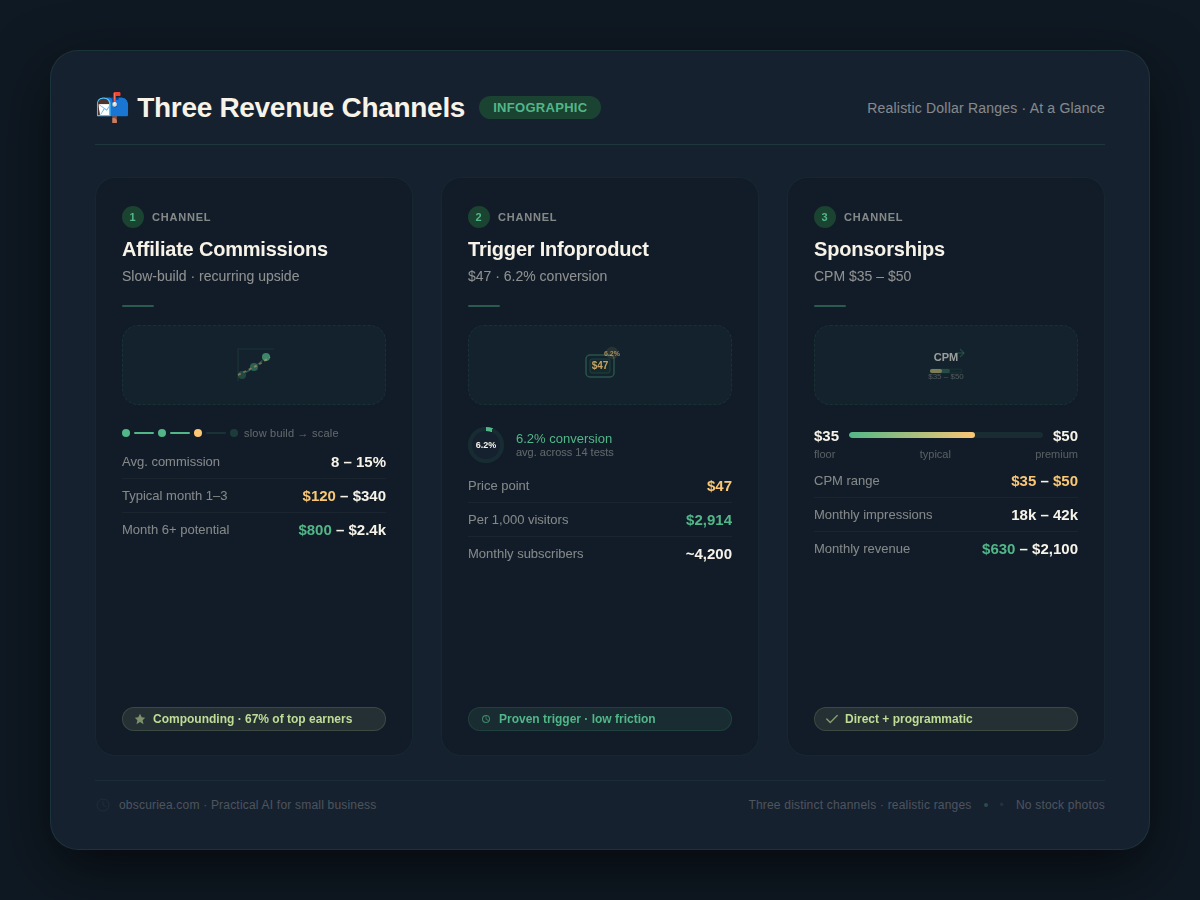 Three newsletter revenue channels diagram showing affiliate commissions, digital product sales, and sponsorship income with realistic dollar ranges