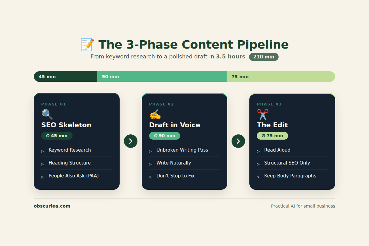 Three-phase content pipeline infographic with 45-minute SEO skeleton, 90-minute draft in voice, and 75-minute human edit