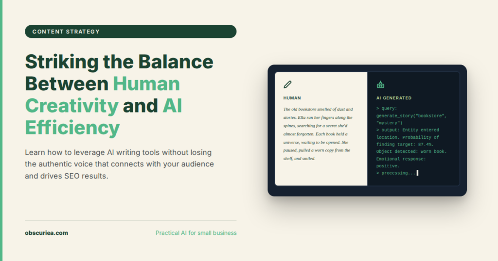 Writer comparing human-written content with robotic AI-generated text on a laptop screen