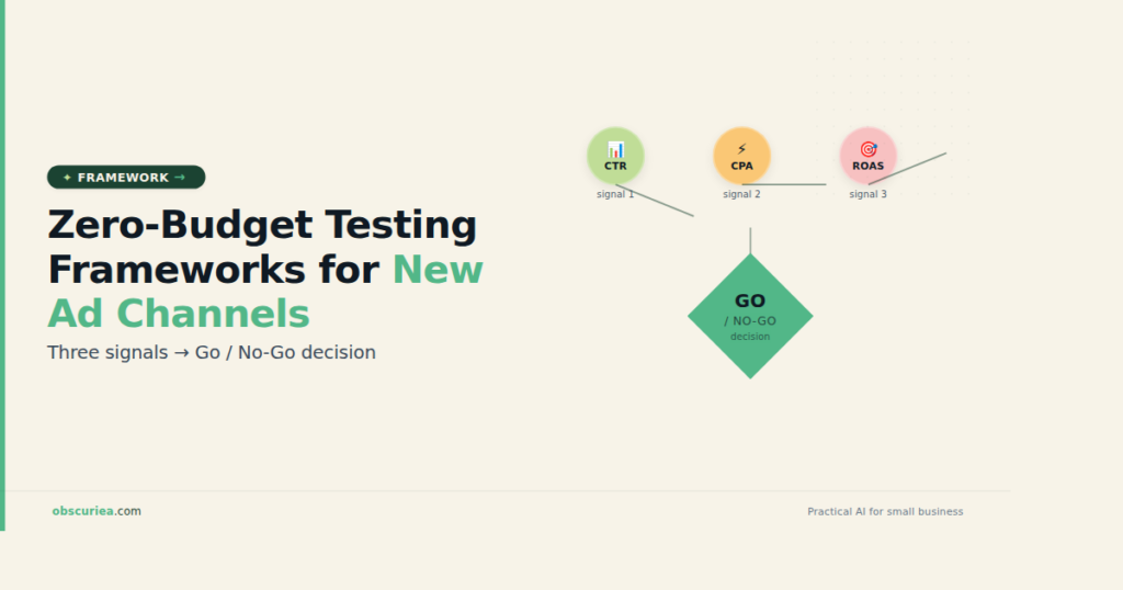 Zero-Budget Testing Frameworks for New Ad Channels diagram with three signals and go/no-go decision
